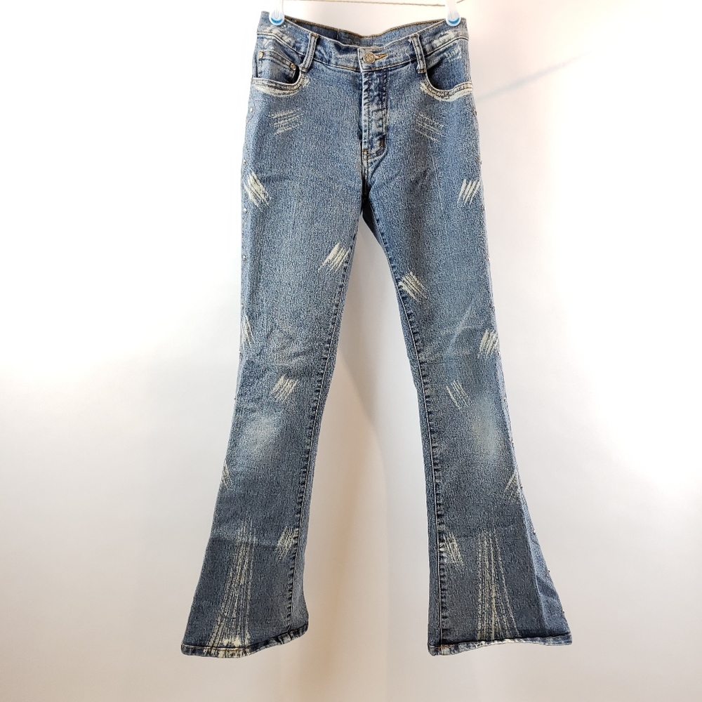 Vintage Y2K Studded Abstract Print Flared Jeans